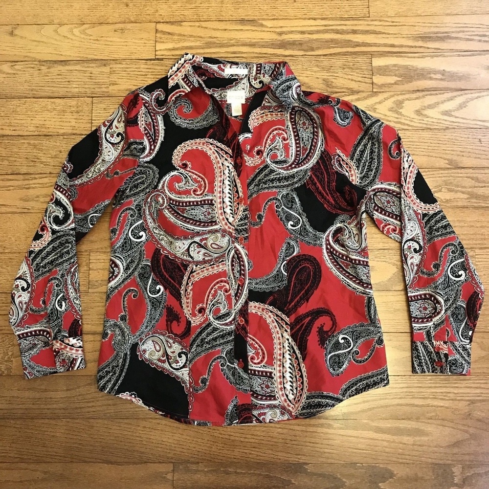 Chico's Size 0.5 Paisley No-Iron Button Up Top